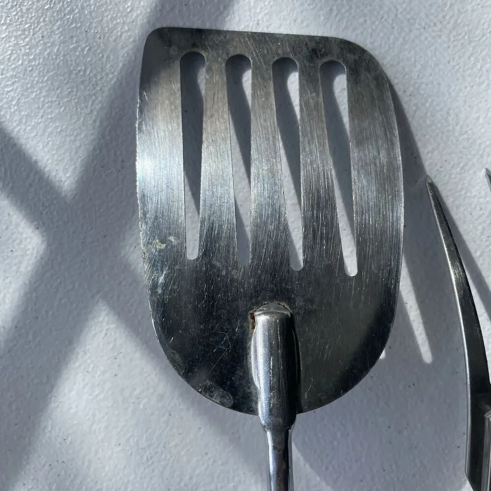 Vintage Ekco Slotted Spatula Turner Carving Fork Stainless Steel Wood USA Made